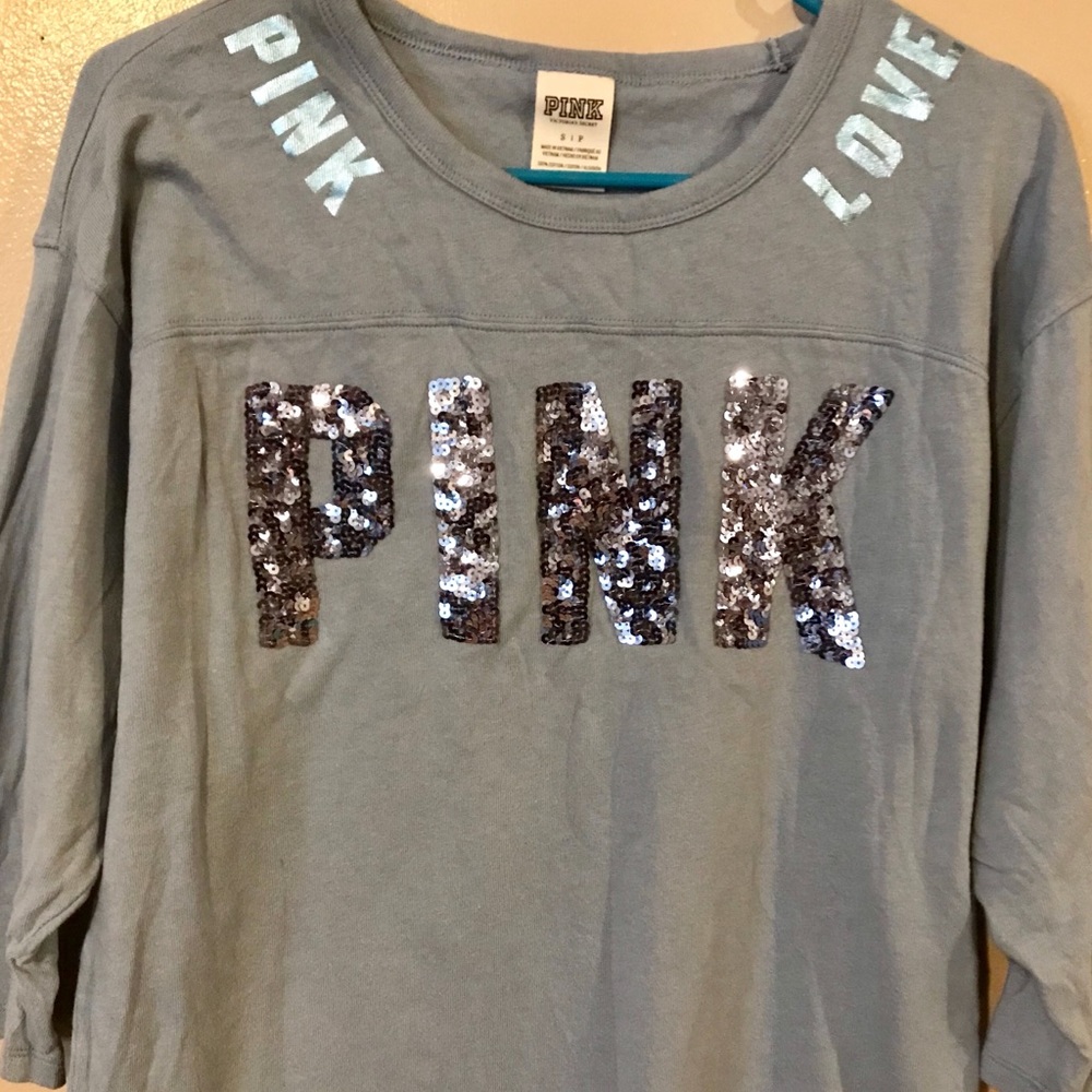 PINK 3/4 SLEEVE BLUE GREY TOP SMALL WORN 1X